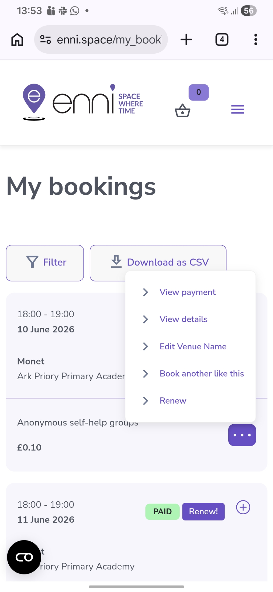 ENNI My bookings screen on mobile