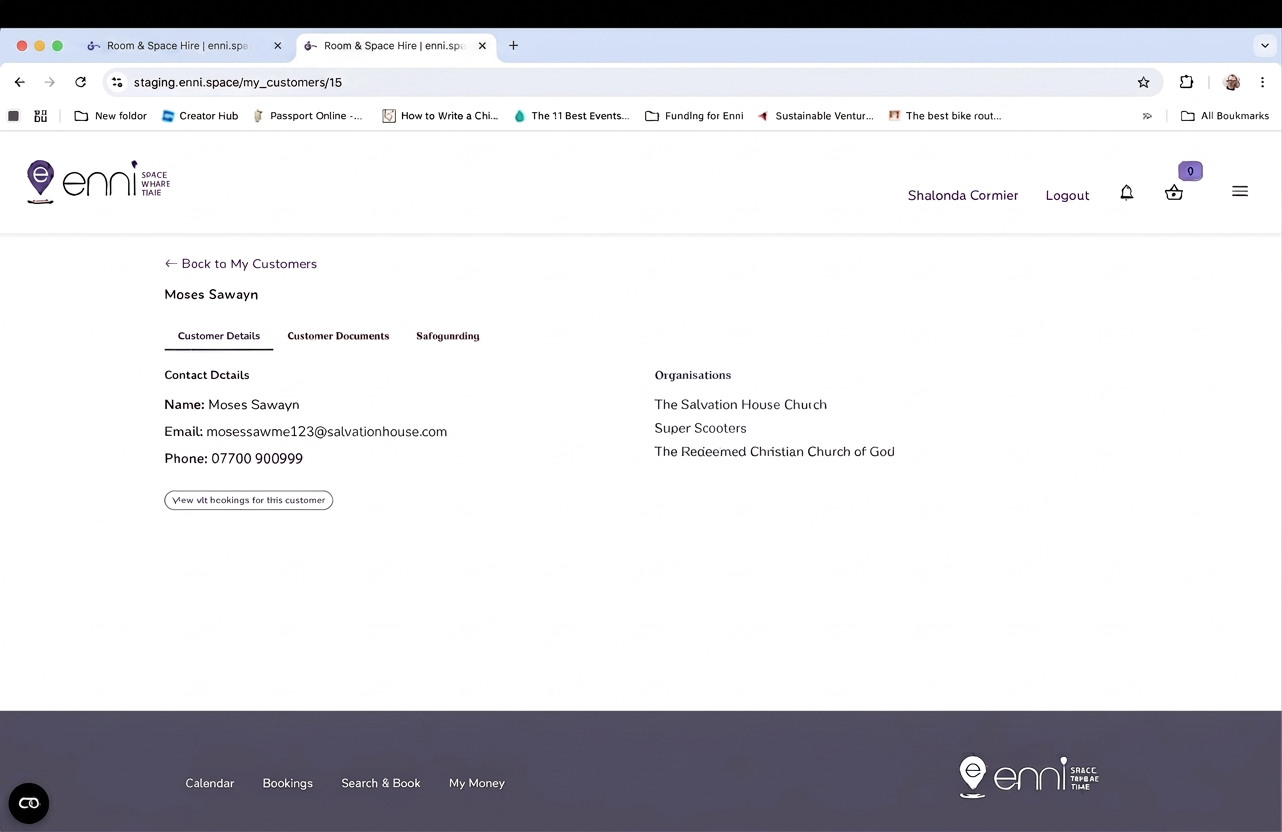 ENNI customer details screen showing contact information and linked organisations